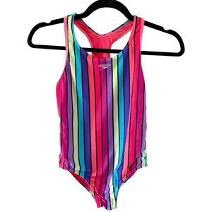 Girls Kids Speedo One Piece Rainbow Striped Swimsuit Bathing Suit Sz 12 Colorful